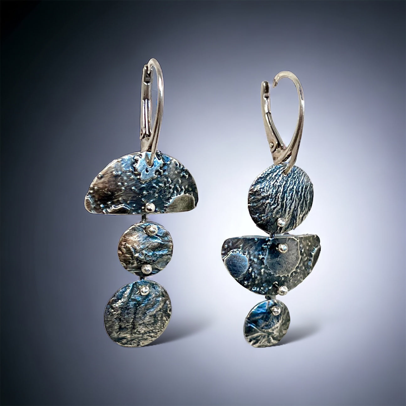 3 part 1/2 moon and circle asymmetrical dangles reticulated sterling silver 2