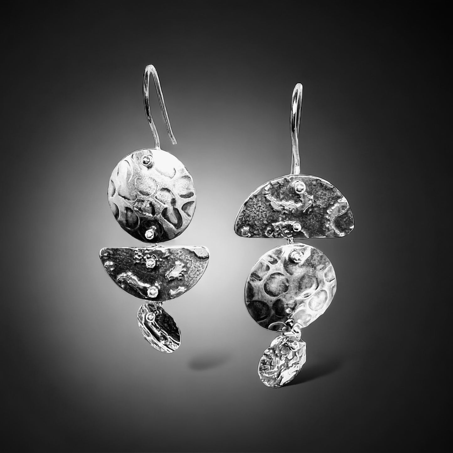 3 part 1/2 moon and circle asymmetrical dangles reticulated sterling silver 4