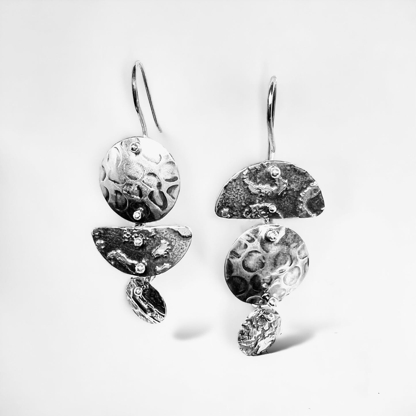 3 part 1/2 moon and circle asymmetrical dangles reticulated sterling silver 4