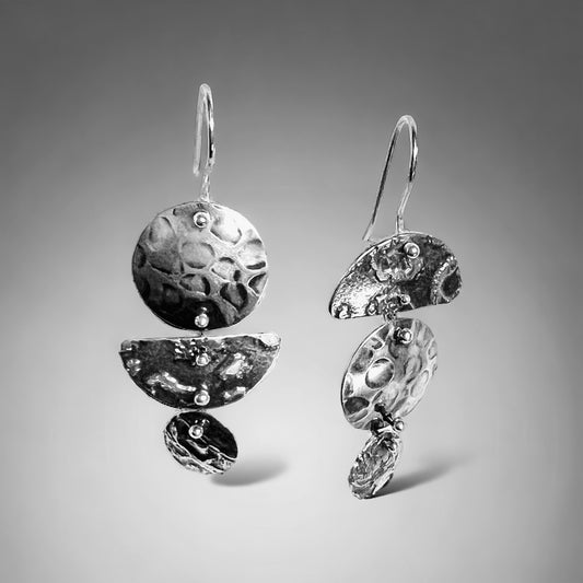 3 part 1/2 moon and circle asymmetrical dangles reticulated sterling silver 4
