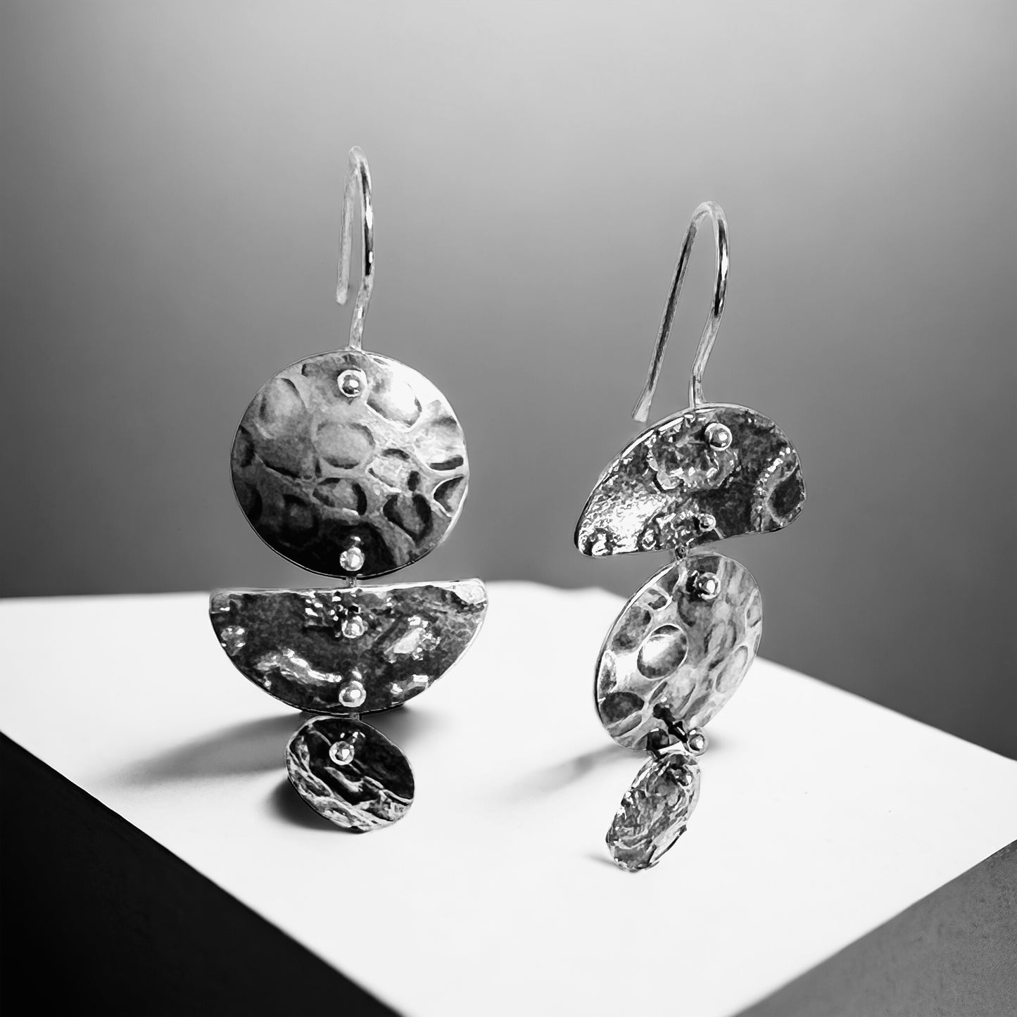 3 part 1/2 moon and circle asymmetrical dangles reticulated sterling silver 4