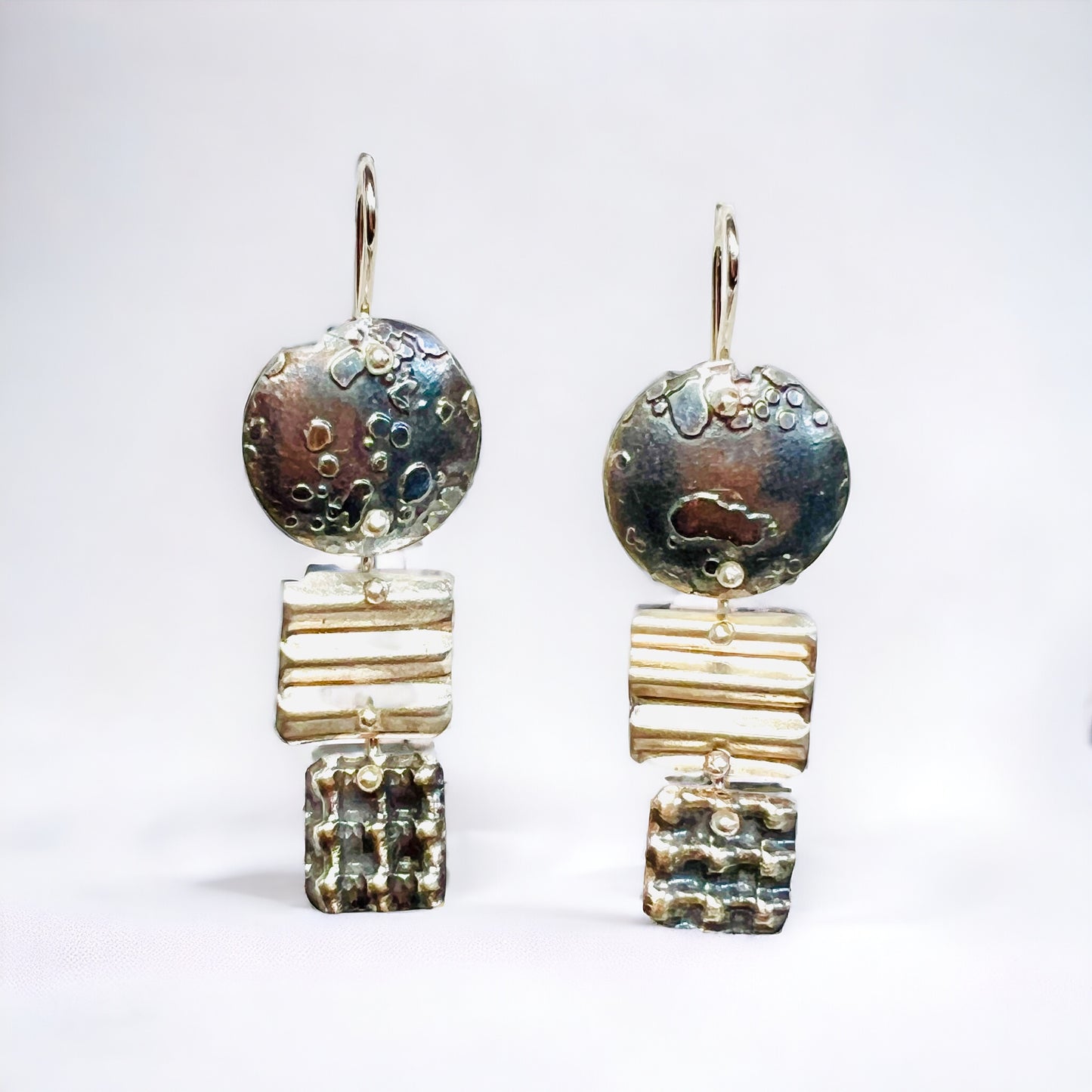 3 part round/square plaid and stripe dangles sterling silver