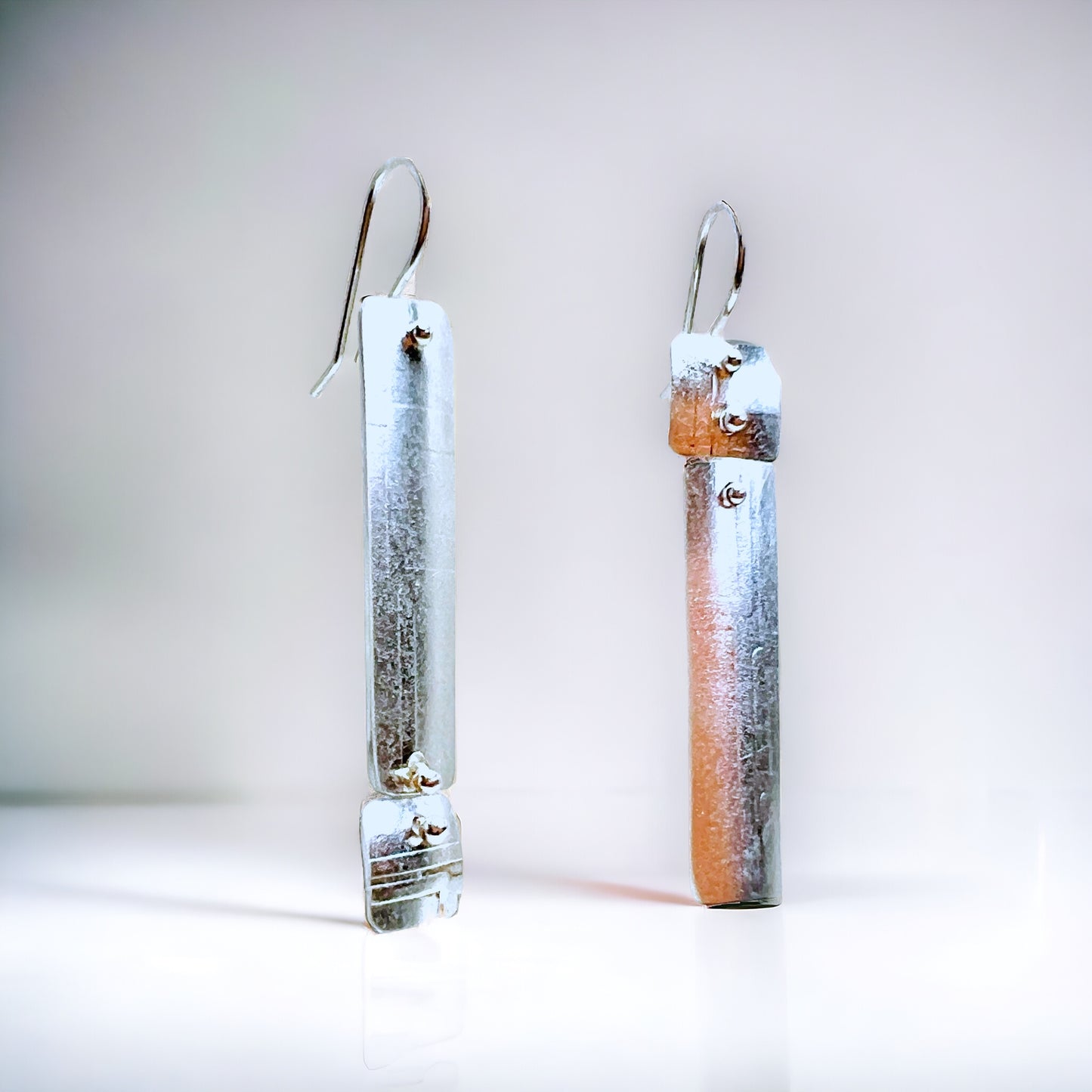Slender asymmetrical 2 part rectangle shiny sterling silver dangles