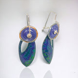 Tropical Leaf Design Enamel Dangle Earrings Green, Purple