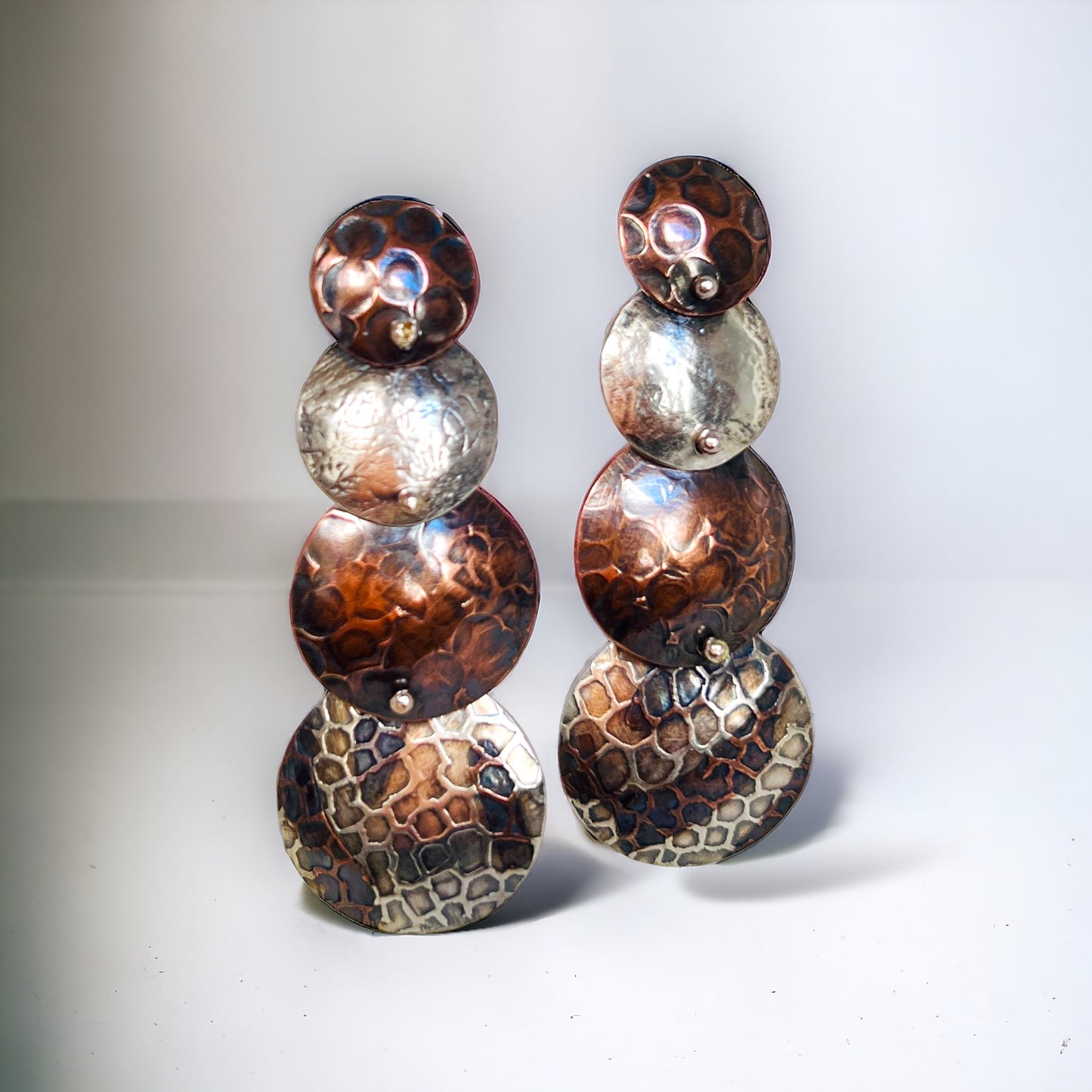 4 tier domed circle copper and silver post back dangles #2