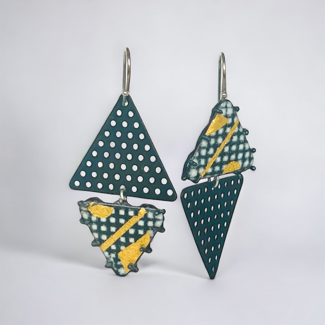 Steel, enamel and 24K gold triangle shape asymmetrical dangles