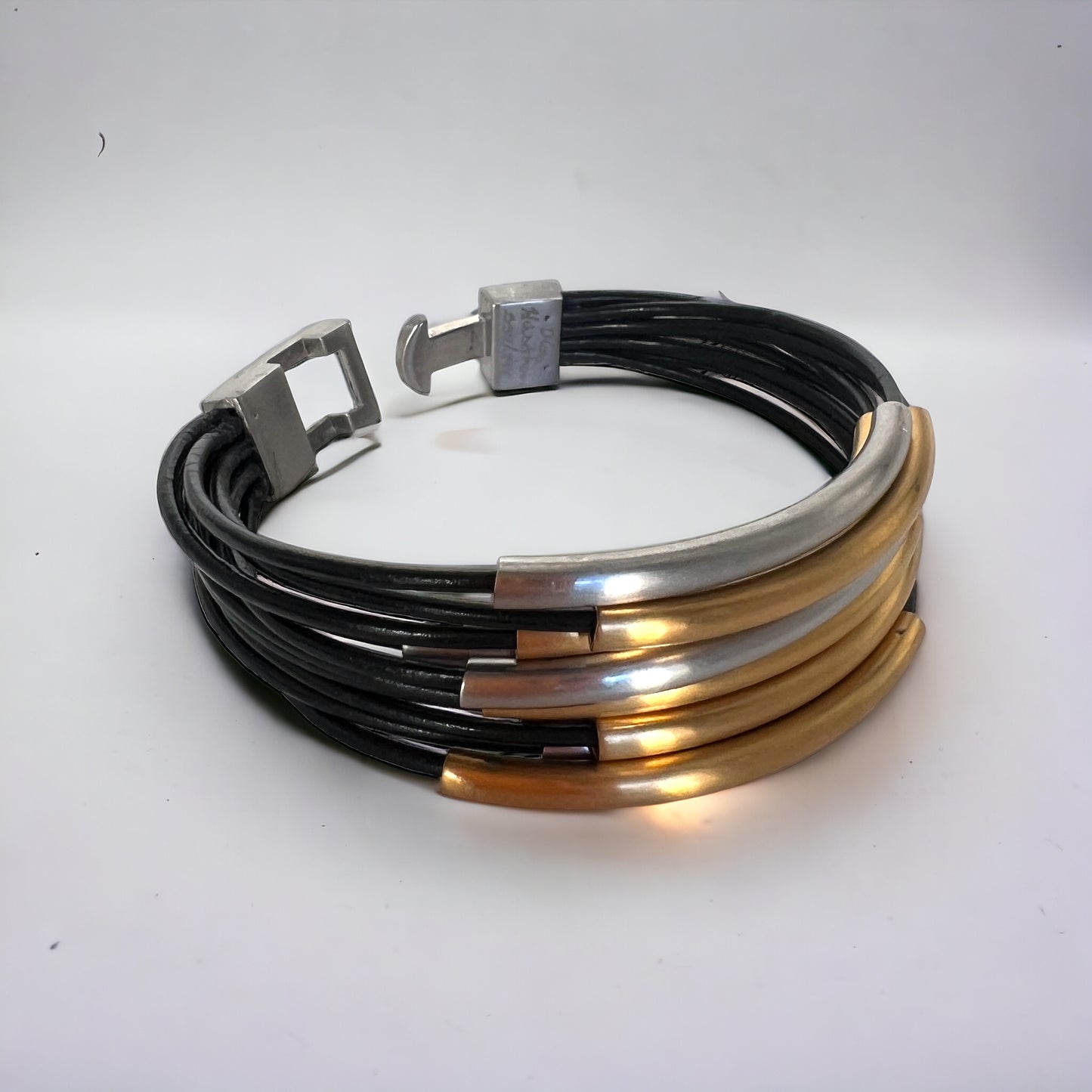 Unisex Multi-strand leather and stainless bracelet with 24K gold accents