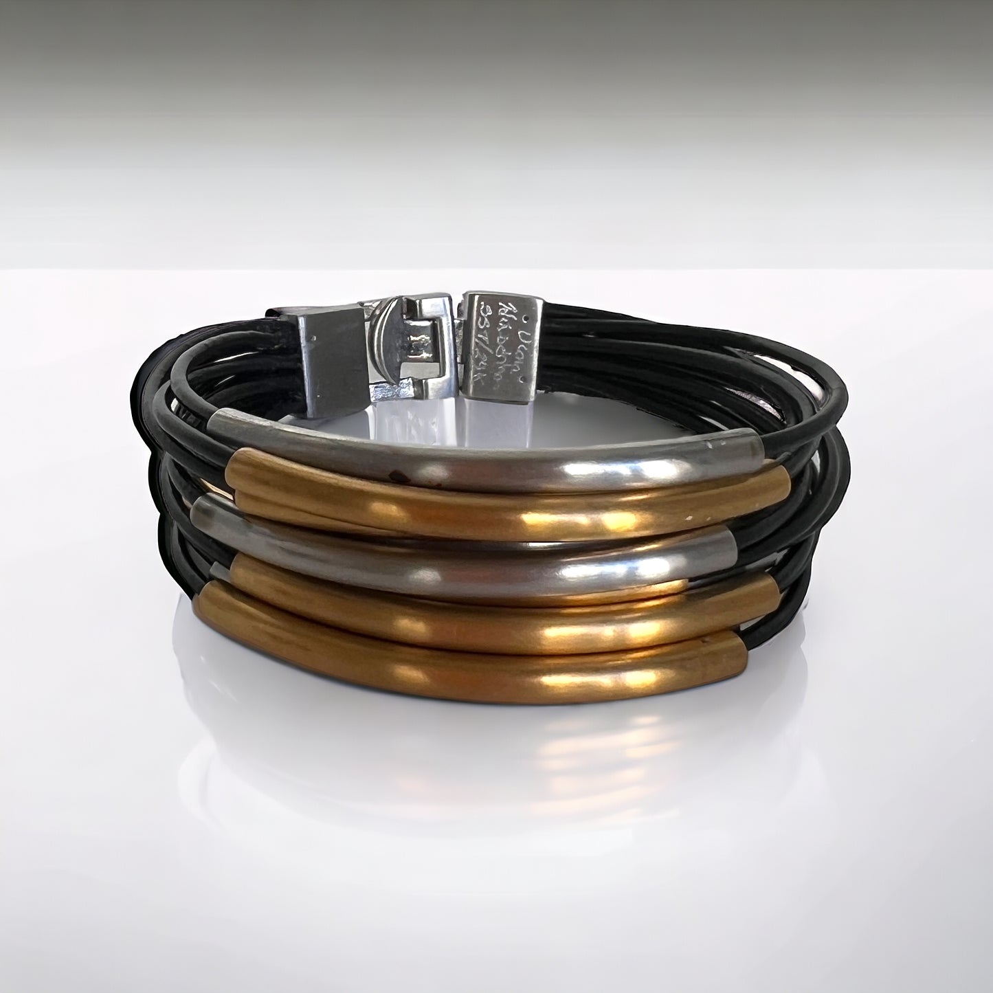 Unisex Multi-strand leather and stainless bracelet with 24K gold accents