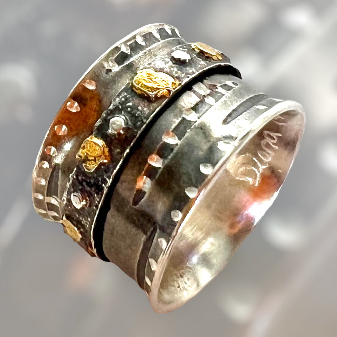 Sterling silver modern spinner ring size 6 with 24k gold accents