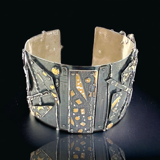 Bold and Riveting Statement Sterling silver and 24K Cuff