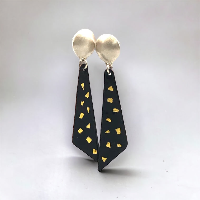 24K Gold meet Enamel...Black dangle earrings