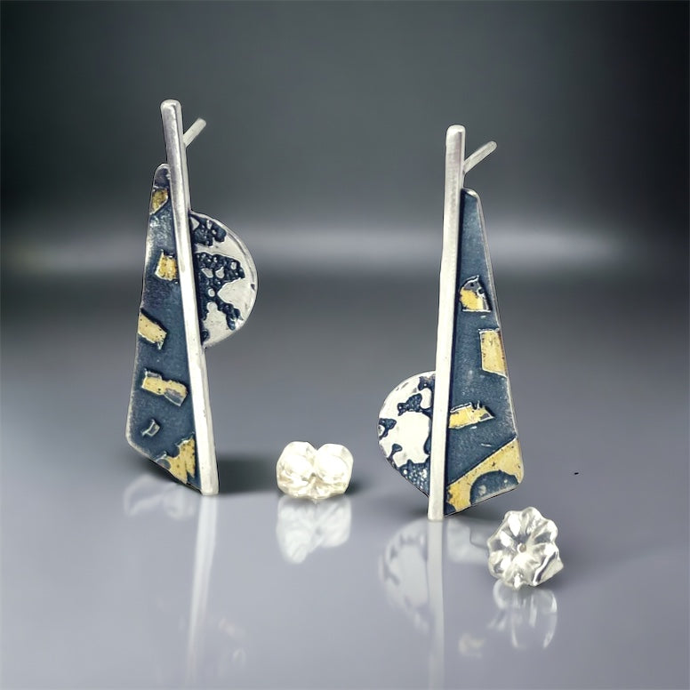 Shorter Sterling Silver Long Geometric Post Earrings, 24K Gold