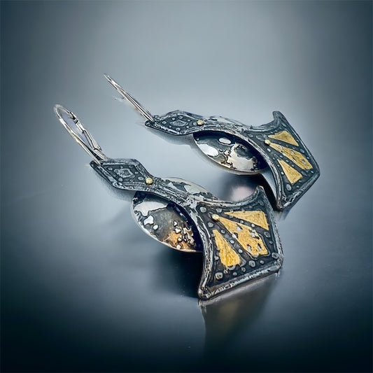 "Full Moon"....contemporary steel and 24K gold dangle earrings