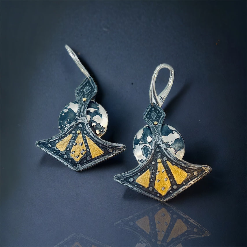 "Full Moon"....contemporary steel and 24K gold dangle earrings