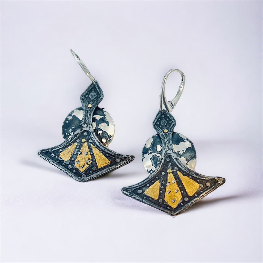 "Full Moon"....contemporary steel and 24K gold dangle earrings