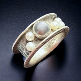 White and Grey Pearls...statement ring silver size 7