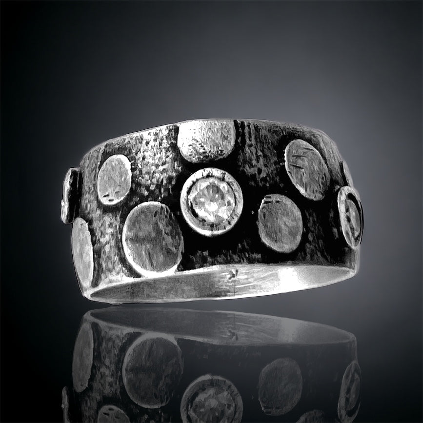 Edgy Polka Dots..handmade ring silver size 8