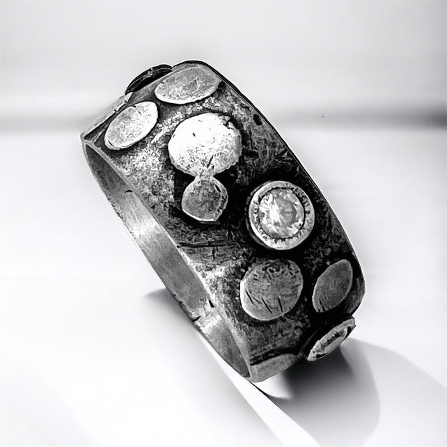 Edgy Polka Dots..handmade ring silver size 8