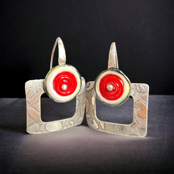 Art deco Square Dangles Sterling Silver red white lamp work glass