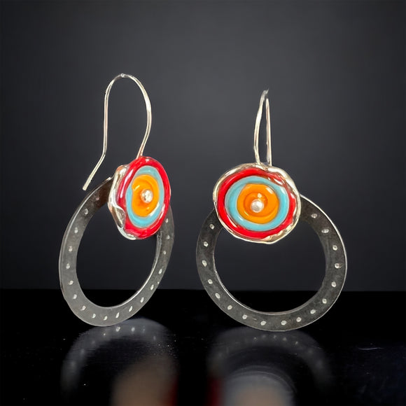 Steel Circle Earrings with Orange, Red, Turquoise Lamp Glass