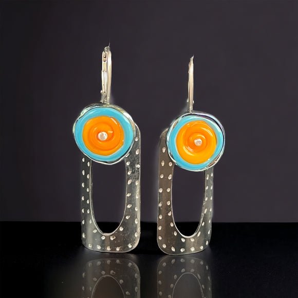 Art deco black rectangular steel dangles turquoise, orange lamp work