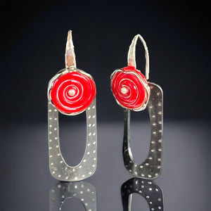 Art deco edgy rectangular steel dangles red lamp work