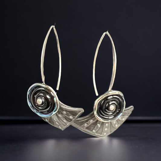 Reverse Triangle Steel Dangles with black lamp work glass