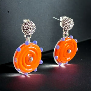 Short Post Dangle Earrings Sterling Silver w/ Orange, Purple Glass