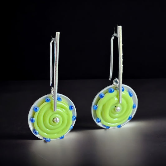 One of a Kind Kinetic Slender Dangles Lime green, blue dots
