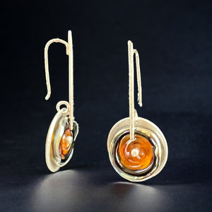 Sterling Silver Earrings with Black/Amber Translucent Lamp Work Glass