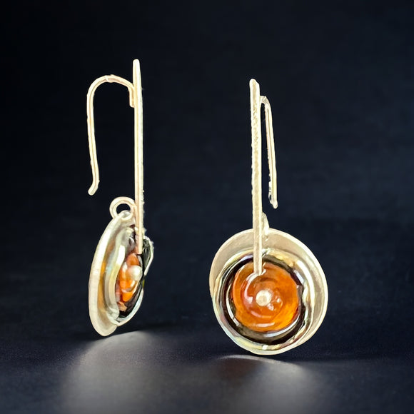 Sterling Silver Earrings with Black/Amber Translucent Lamp Work Glass