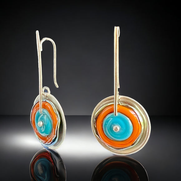 Sterling Silver Dangle Earrings with Orange/Turquoise Lamp Work Glass