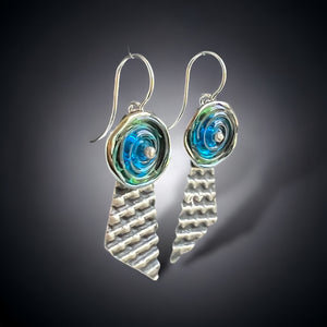 Plaid Textured Dangle Earrings in Sterling Silver with Blue, Green Glass