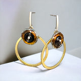 Brass and Sterling Silver Hoop Earrings, Black/Amber Accents