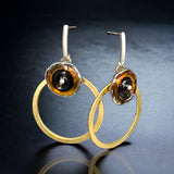 Brass and Sterling Silver Hoop Earrings, Black/Amber Accents