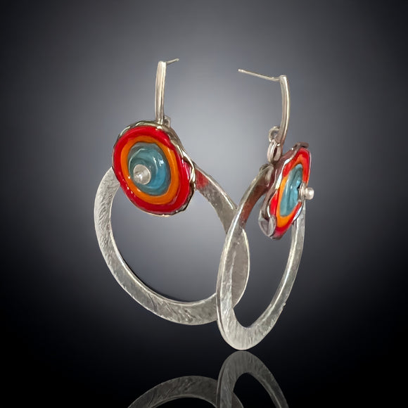 Silver Hoop Post Back Earrings Colorful Orange, Red, Turquoise