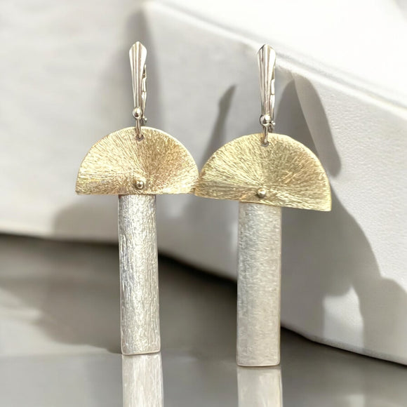 Two tone mostly silver slender rectangle and half moon dangle earrings