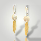 Shorter length two tone gold and silver slender leaf and circle dangle earrings