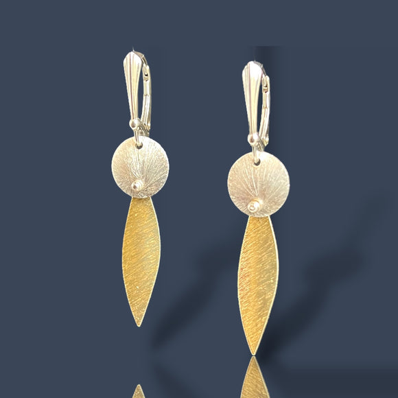 Shorter length two tone gold and silver slender leaf and circle dangle earrings