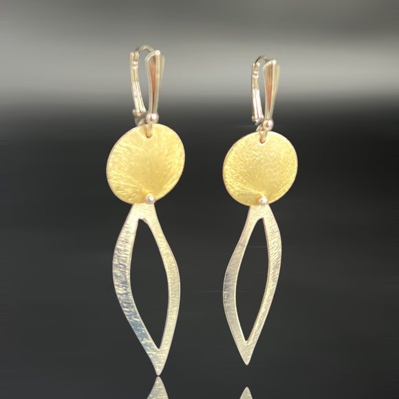 Bold, lightweight open leaf and circle geometric design silver and gold dangles