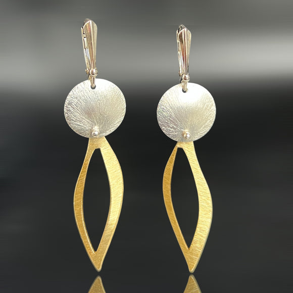 Bold, lightweight open leaf and circle geometric design gold and silver dangles