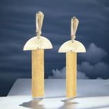 Two tone mostly gold slender rectangle and half moon dangle earrings