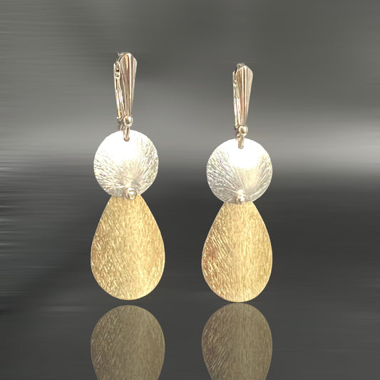 Teardrop and circle beautifully textured and riveted gold and silver dangle earrings