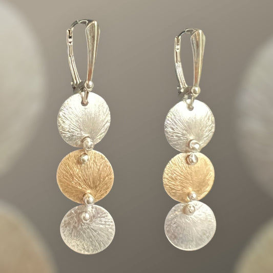 Kinetic and classic 3 circle gold and silver dangle earrings