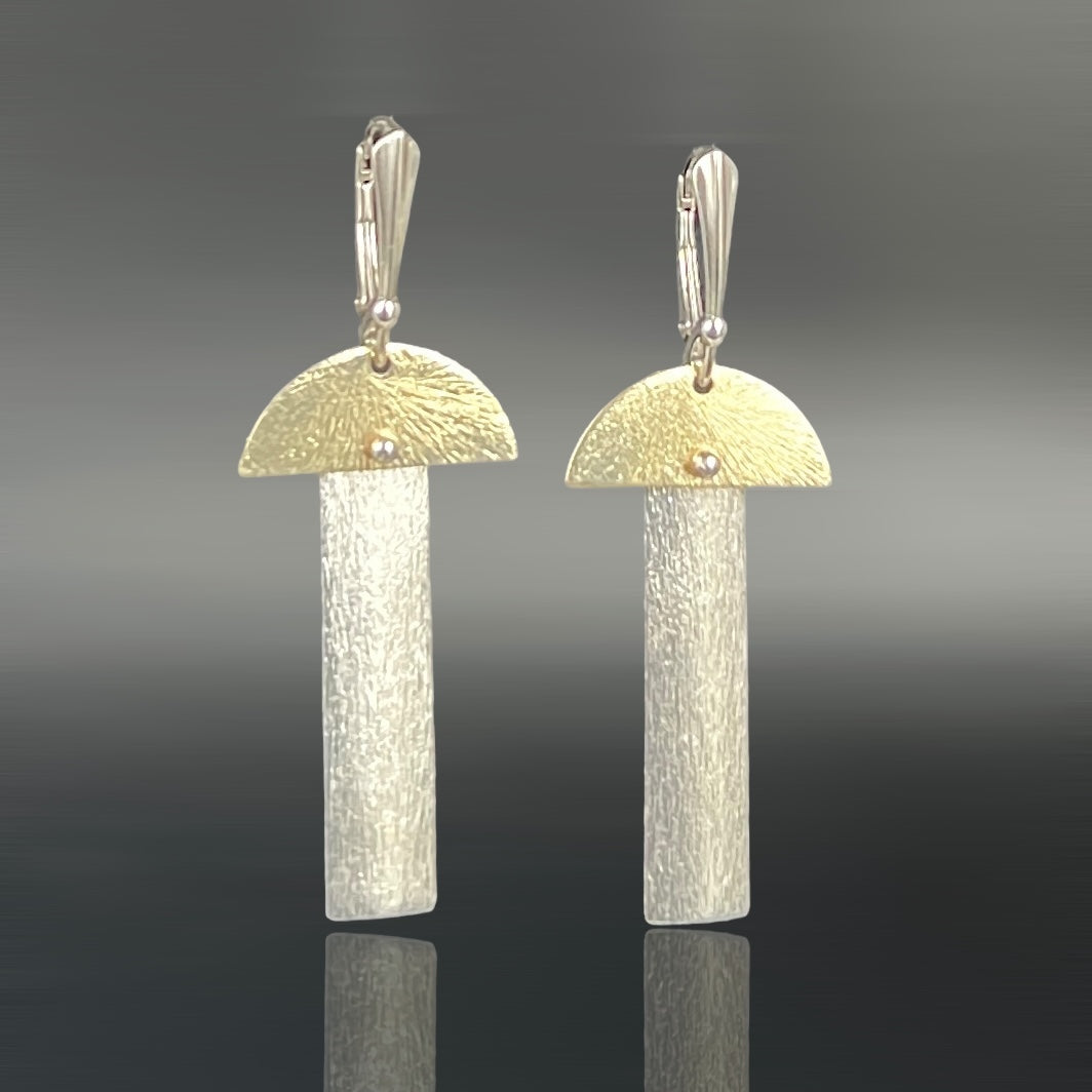 Two tone mostly silver slender rectangle and half moon dangle earrings
