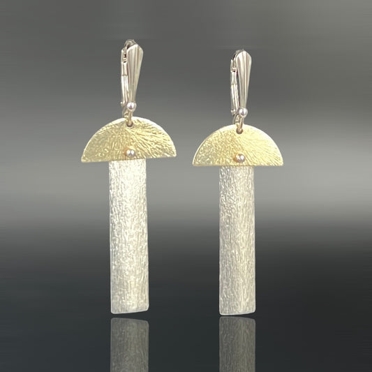 Two tone mostly silver slender rectangle and half moon dangle earrings