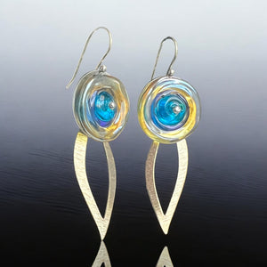 Statement dangles with blue and yellow glass, gold leaf forms