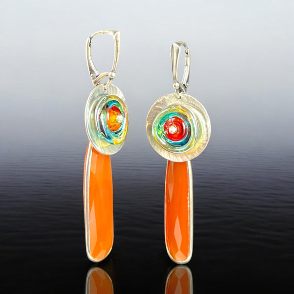 Kinetic Red Onyx Earrings with Turquoise, Orange & Golden Glass
