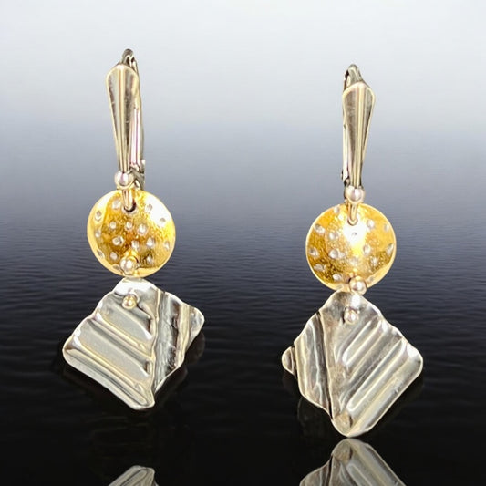 Textured 24K Gold Circle & Rippled Silver Diamond Earrings