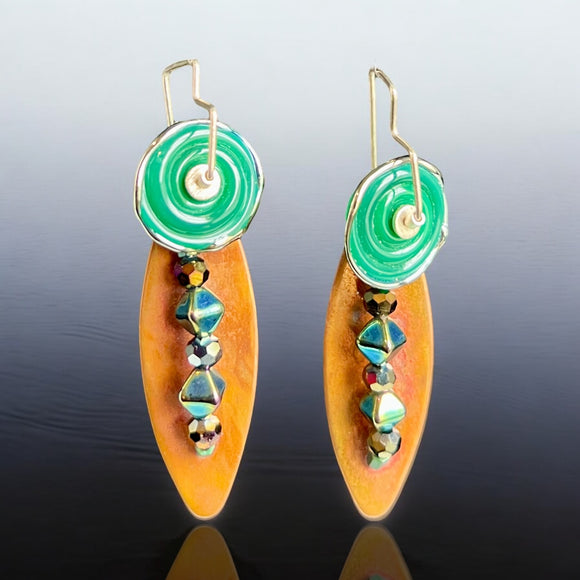 Green Glass & Copper OOAK Dangle Earrings – Contemporary Art Jewelry